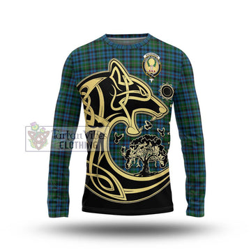 Stevenson Hunting Red Stripe Tartan Long Sleeve T-Shirt with Family Crest Celtic Wolf Style Unisex - Tartan Vibes Clothing