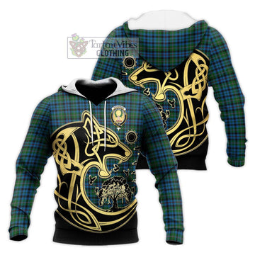 Stevenson Hunting Red Stripe Tartan Knitted Hoodie with Family Crest Celtic Wolf Style Unisex Knitted Pullover Hoodie - Tartan Vibes Clothing