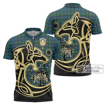 Stevenson Hunting Red Stripe Tartan Zipper Polo Shirt with Family Crest Celtic Wolf Style Unisex - Tartanvibesclothing Shop