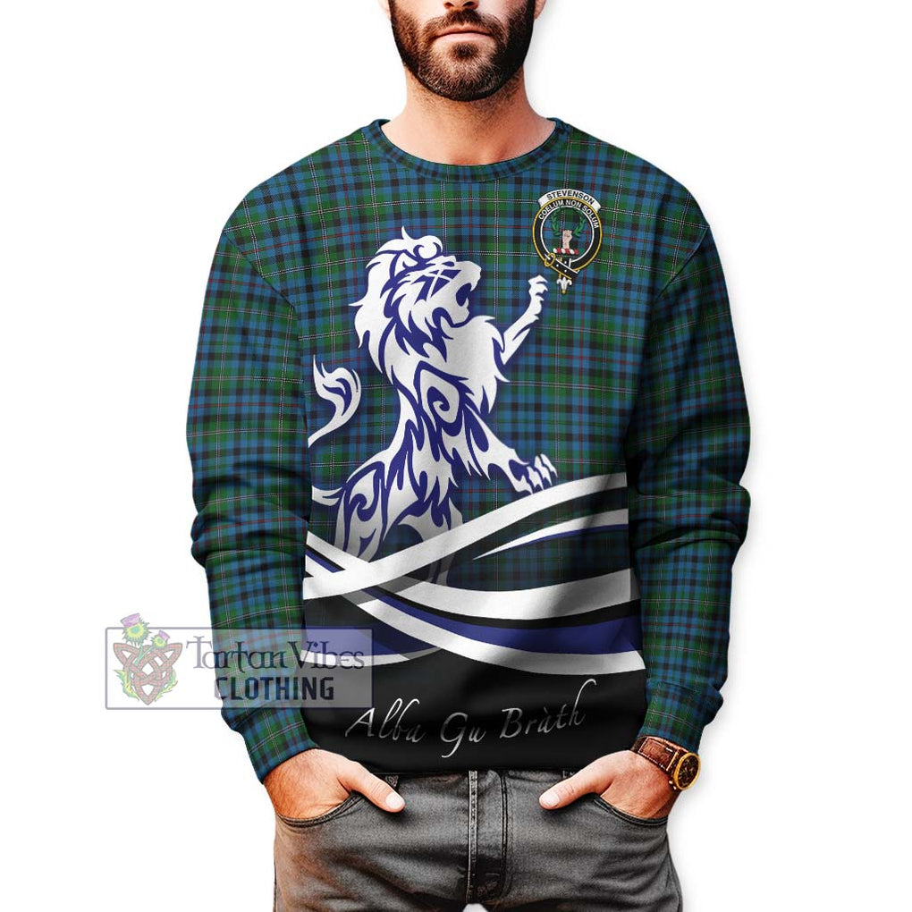 Stevenson Hunting Red Stripe Tartan Sweatshirt with Alba Gu Brath Regal Lion Emblem Unisex - Tartanvibesclothing Shop