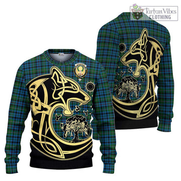 Stevenson Hunting Red Stripe Tartan Knitted Sweater with Family Crest Celtic Wolf Style Unisex - Tartan Vibes Clothing