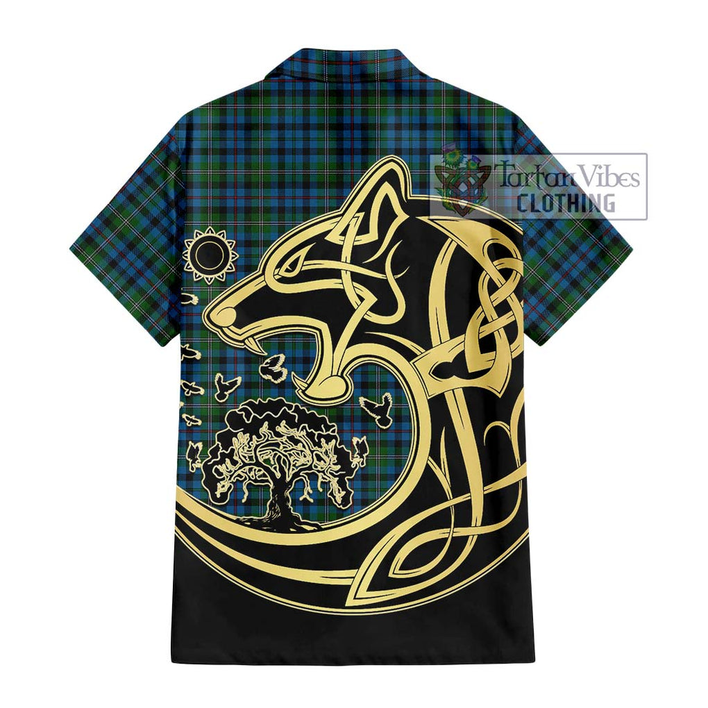 Stevenson Hunting Red Stripe Tartan Short Sleeve Button Shirt with Family Crest Celtic Wolf Style - Tartan Vibes Clothing