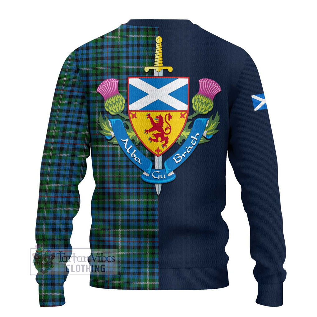 Tartan Vibes Clothing Stevenson Hunting Red Stripe Tartan Knitted Sweater with Scottish Lion Royal Arm Half Style