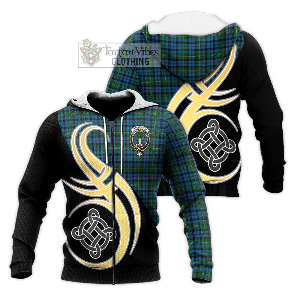Stevenson Hunting Red Stripe Tartan Knitted Hoodie with Family Crest and Celtic Symbol Style Unisex Knitted Zip Hoodie - Tartan Vibes Clothing
