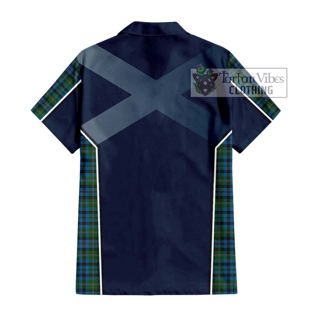 Stevenson Hunting Red Stripe Tartan Short Sleeve Button Shirt with Family Crest and Lion Rampant Vibes Sport Style - Tartan Vibes Clothing