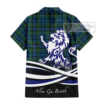 Stevenson Hunting Red Stripe Tartan Short Sleeve Button Shirt with Alba Gu Brath Regal Lion Emblem - Tartanvibesclothing Shop
