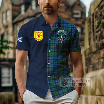 Tartan Vibes Clothing Stevenson Hunting Red Stripe Tartan Short Sleeve Button Shirt with Scottish Lion Royal Arm Half Style