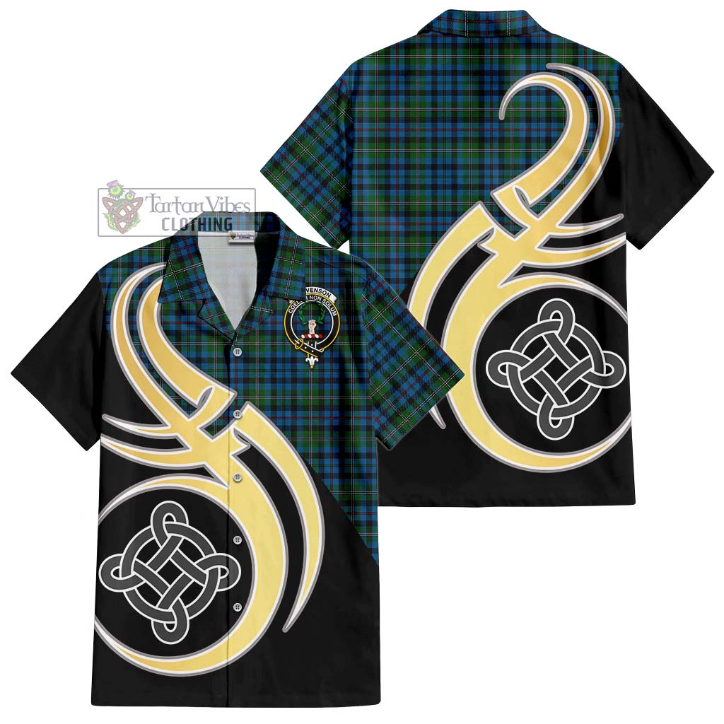 Stevenson Hunting Red Stripe Tartan Short Sleeve Button Shirt with Family Crest and Celtic Symbol Style - Tartan Vibes Clothing
