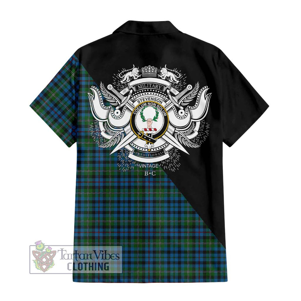 Stevenson Hunting Red Stripe Tartan Short Sleeve Button Shirt with Family Crest and Military Logo Style - Tartanvibesclothing Shop
