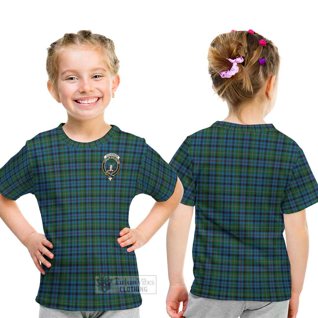 Stevenson Hunting Red Stripe Tartan Kid T-Shirt with Family Crest - Tartanvibesclothing Shop