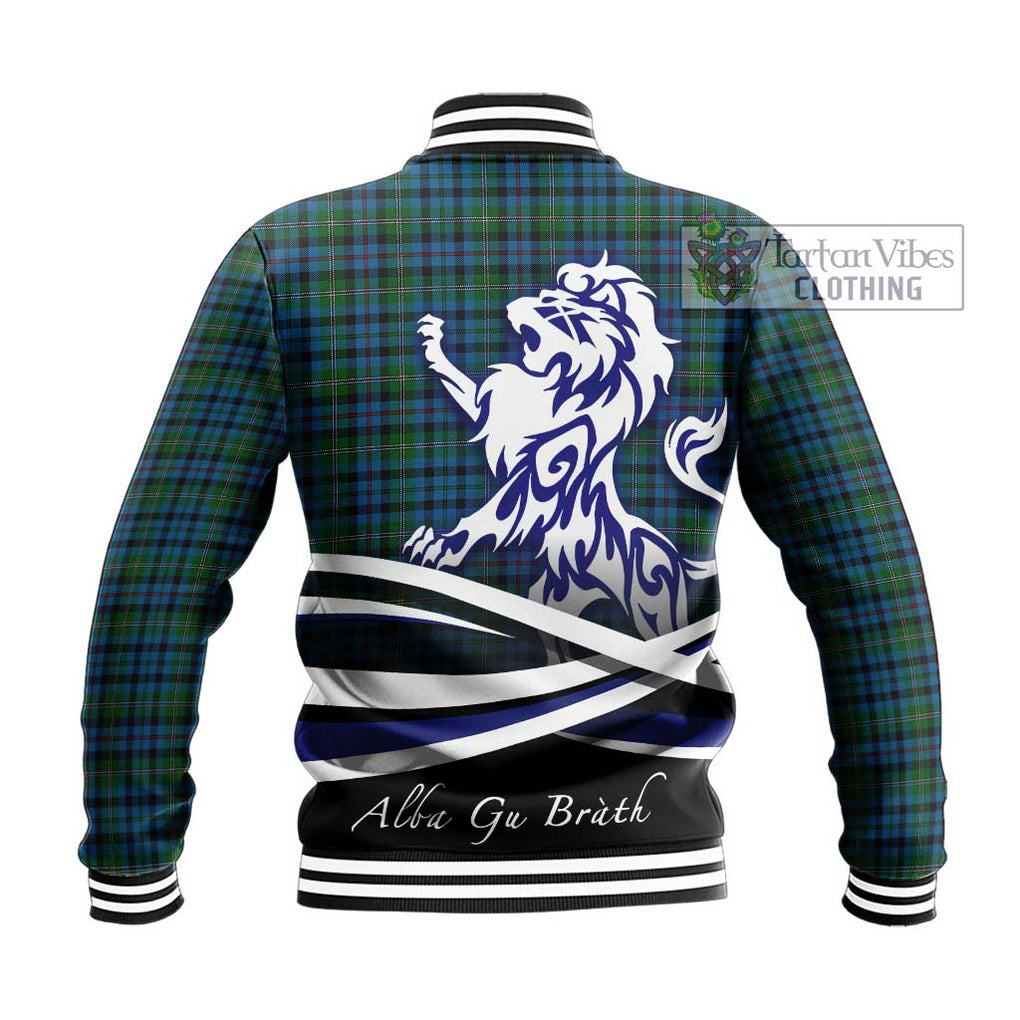 Stevenson Hunting Red Stripe Tartan Baseball Jacket with Alba Gu Brath Regal Lion Emblem - Tartanvibesclothing Shop