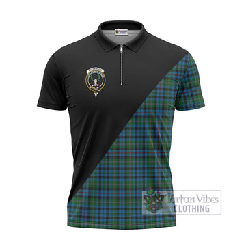 Stevenson Hunting Red Stripe Tartan Zipper Polo Shirt with Family Crest and Military Logo Style - Tartanvibesclothing Shop