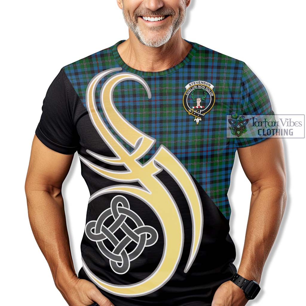 Tartan Vibes Clothing Stevenson Hunting Red Stripe Tartan T-Shirt with Family Crest and Celtic Symbol Style