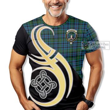 Tartan Vibes Clothing Stevenson Hunting Red Stripe Tartan T-Shirt with Family Crest and Celtic Symbol Style