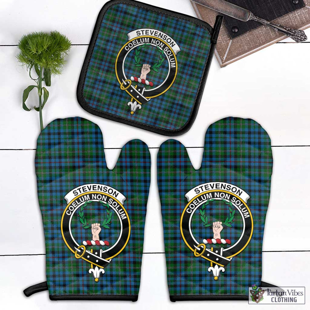 Stevenson Hunting Red Stripe Tartan Combo Oven Mitt & Pot-Holder with Family Crest Combo 1 Oven Mitt & 1 Pot-Holder Black - Tartan Vibes Clothing