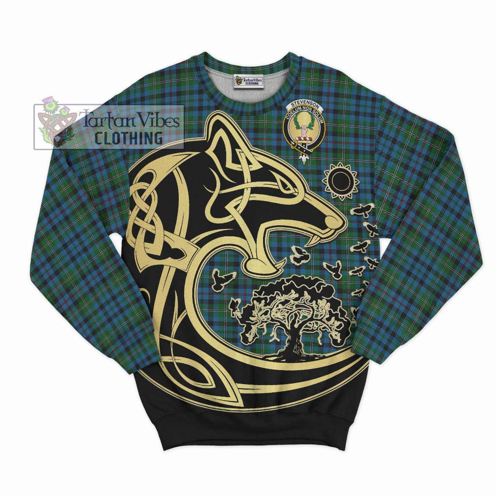 Stevenson Hunting Red Stripe Tartan Sweatshirt with Family Crest Celtic Wolf Style - Tartan Vibes Clothing