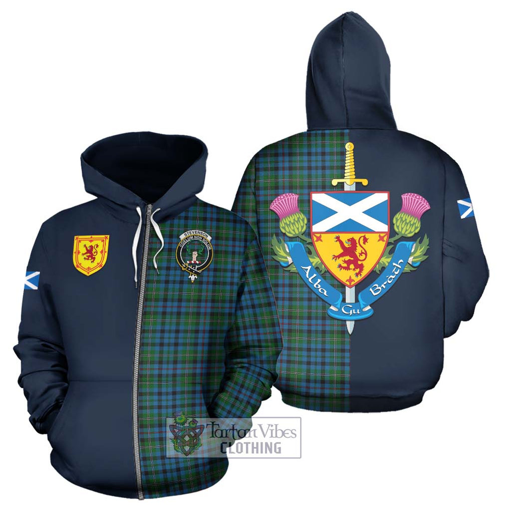 Tartan Vibes Clothing Stevenson Hunting Red Stripe Tartan Hoodie with Scottish Lion Royal Arm Half Style