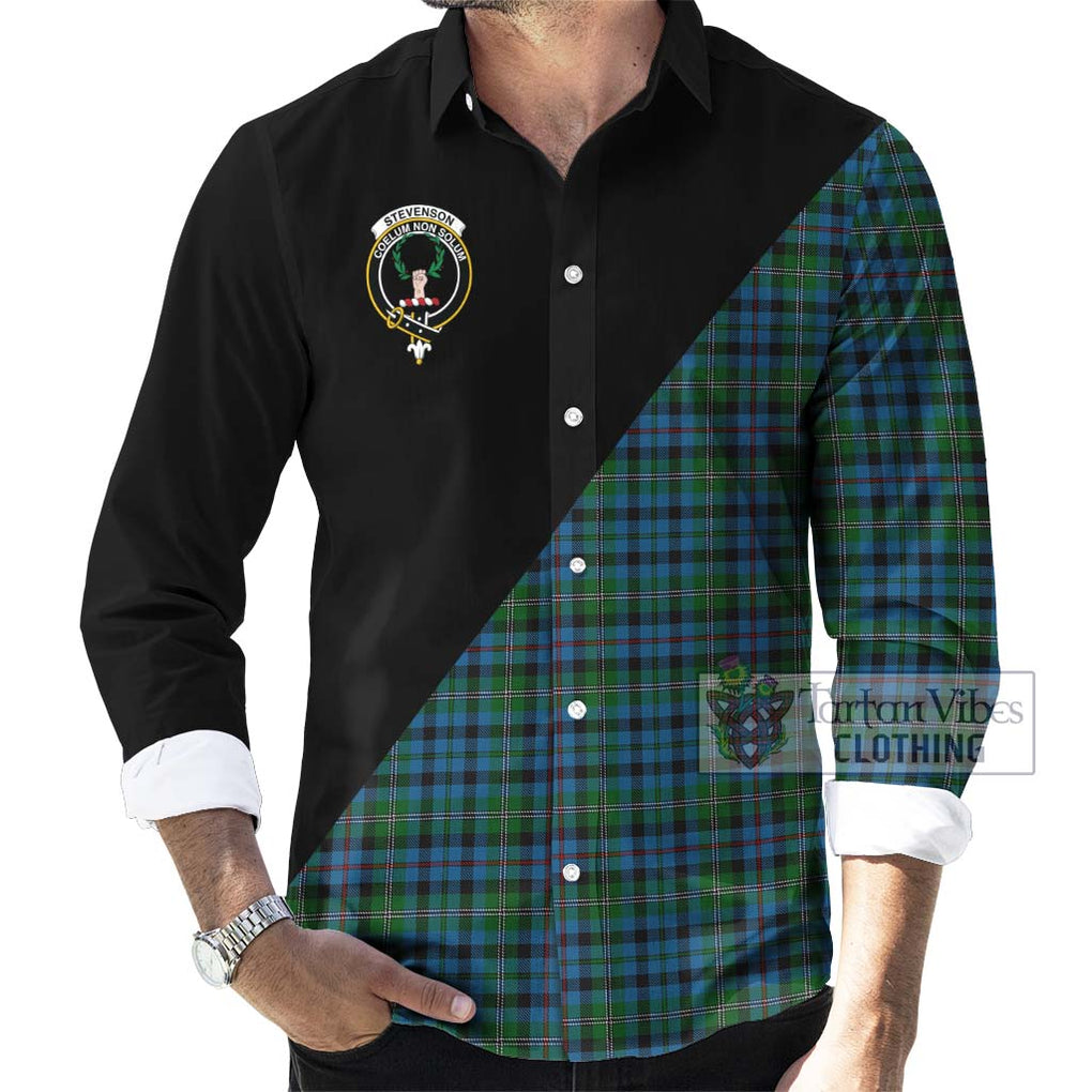 Stevenson Hunting Red Stripe Tartan Long Sleeve Button Shirt with Family Crest and Military Logo Style - Tartanvibesclothing Shop