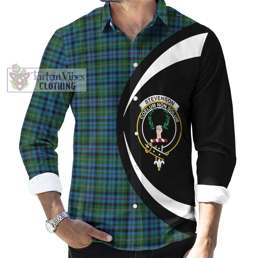 Stevenson Hunting Red Stripe Tartan Long Sleeve Button Up with Family Crest Circle Style - Tartan Vibes Clothing
