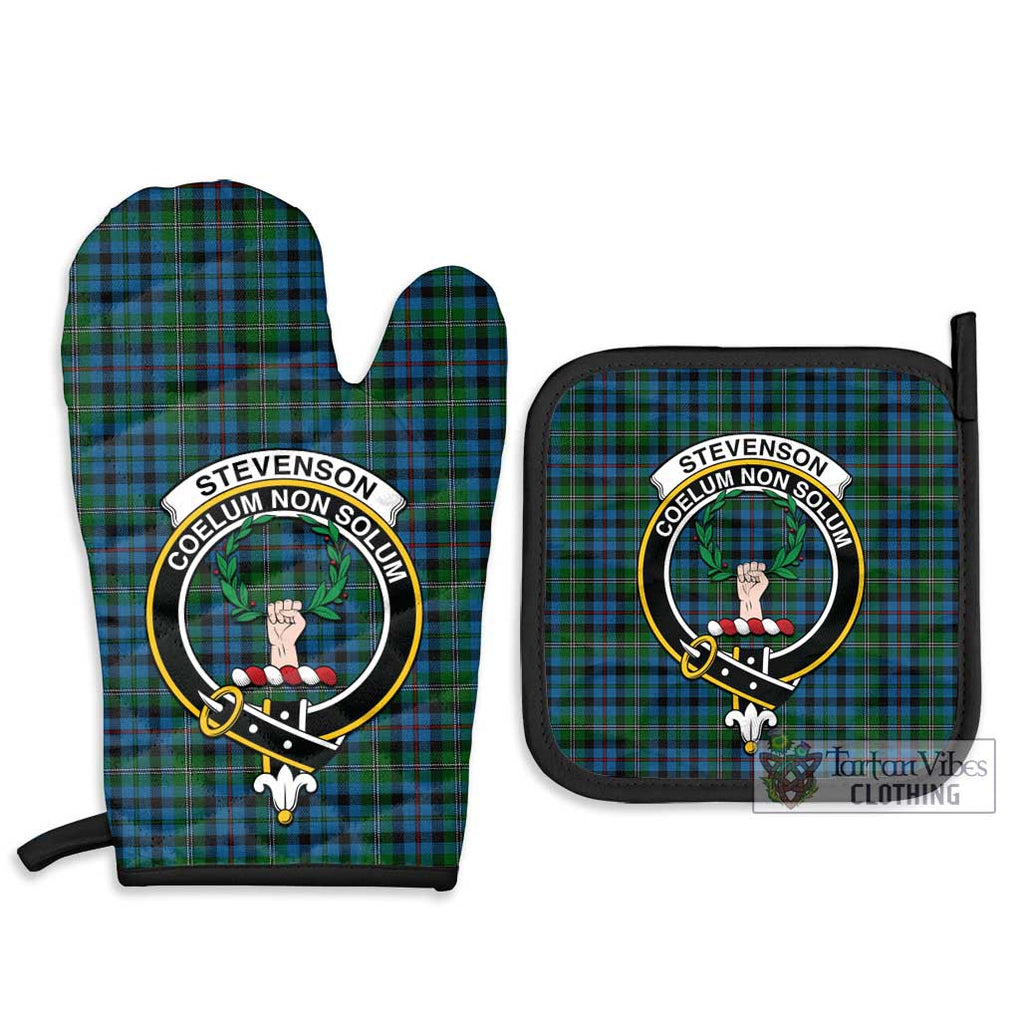 Stevenson Hunting Red Stripe Tartan Combo Oven Mitt & Pot-Holder with Family Crest Combo 1 Oven Mitt & 2 Pot-Holder Black - Tartan Vibes Clothing