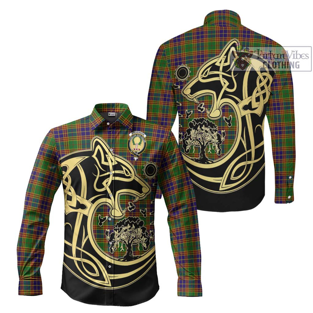 Stevenson Old Tartan Long Sleeve Button Shirt with Family Crest Celtic Wolf Style Men's Shirt S - Tartan Vibes Clothing