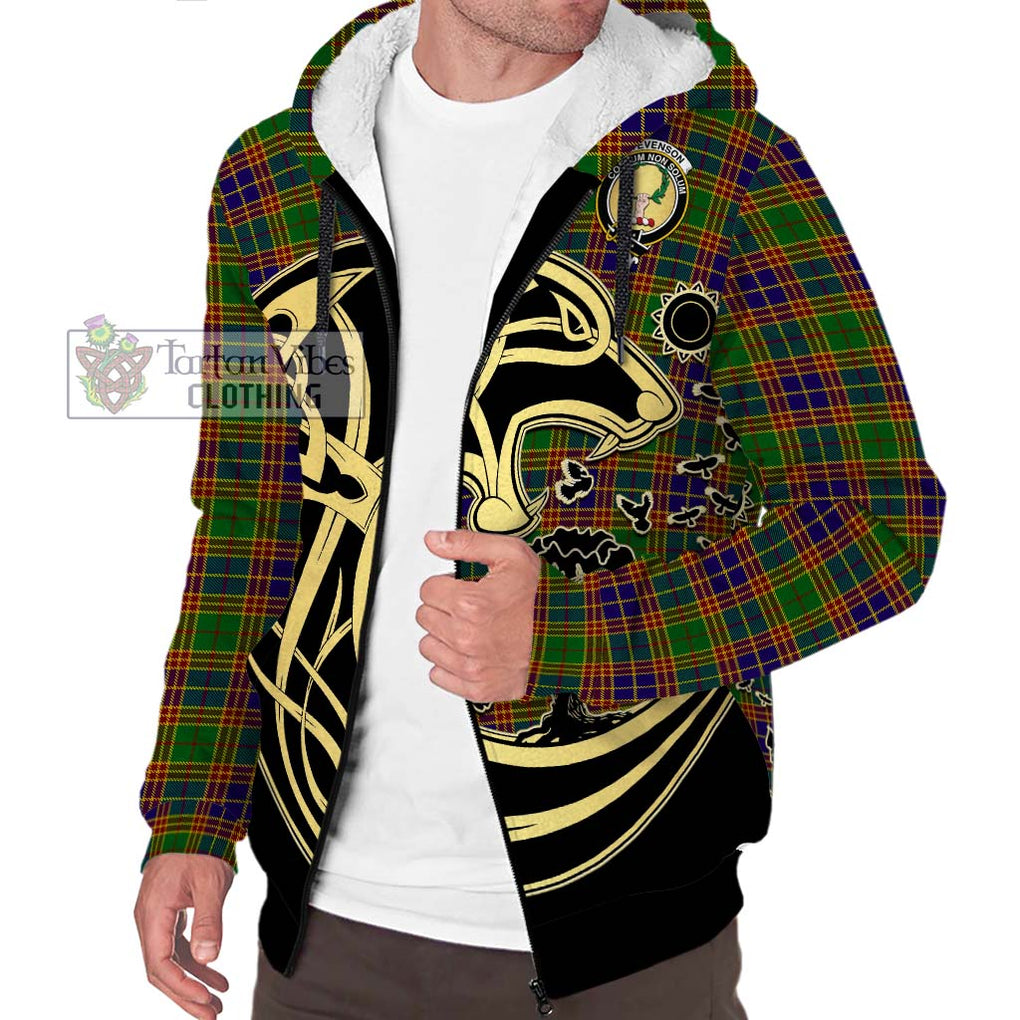 Stevenson Old Tartan Sherpa Hoodie with Family Crest Celtic Wolf Style Unisex S - Tartan Vibes Clothing