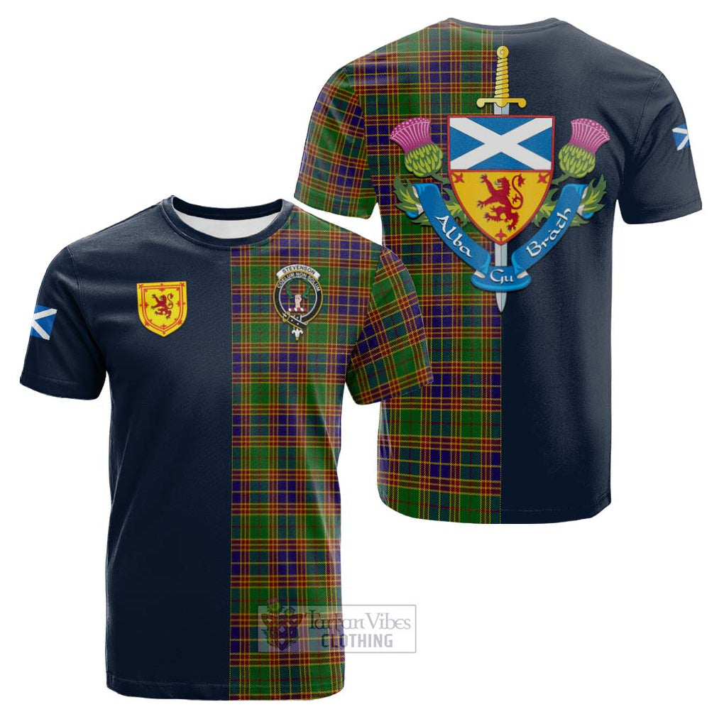 Tartan Vibes Clothing Stevenson Old Tartan Cotton T-shirt with Scottish Lion Royal Arm Half Style