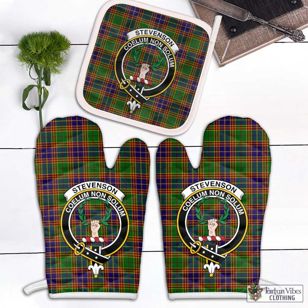 Stevenson Old Tartan Combo Oven Mitt & Pot-Holder with Family Crest Combo 1 Oven Mitt & 1 Pot-Holder White - Tartan Vibes Clothing