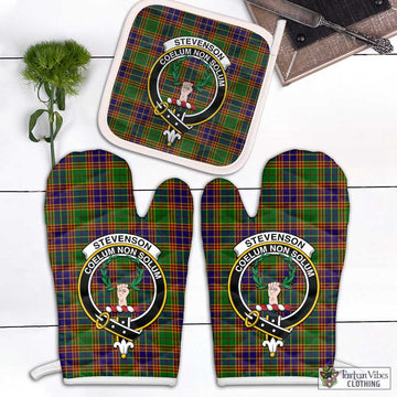 Stevenson Old Tartan Combo Oven Mitt & Pot-Holder with Family Crest Combo 1 Oven Mitt & 1 Pot-Holder White - Tartan Vibes Clothing