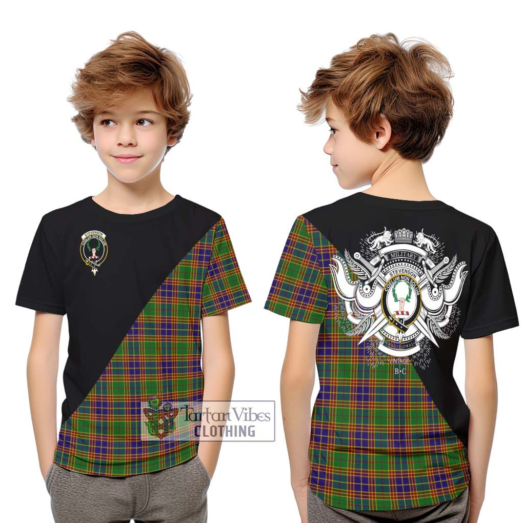 Stevenson Old Tartan Kid T-Shirt with Family Crest and Military Logo Style Youth XL Size14 - Tartanvibesclothing Shop