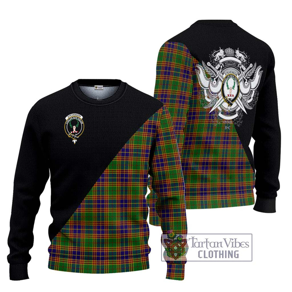 Stevenson Old Tartan Knitted Sweater with Family Crest and Military Logo Style Unisex - Tartanvibesclothing Shop