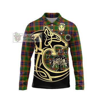 Stevenson Old Tartan Long Sleeve Polo Shirt with Family Crest Celtic Wolf Style Unisex - Tartanvibesclothing Shop