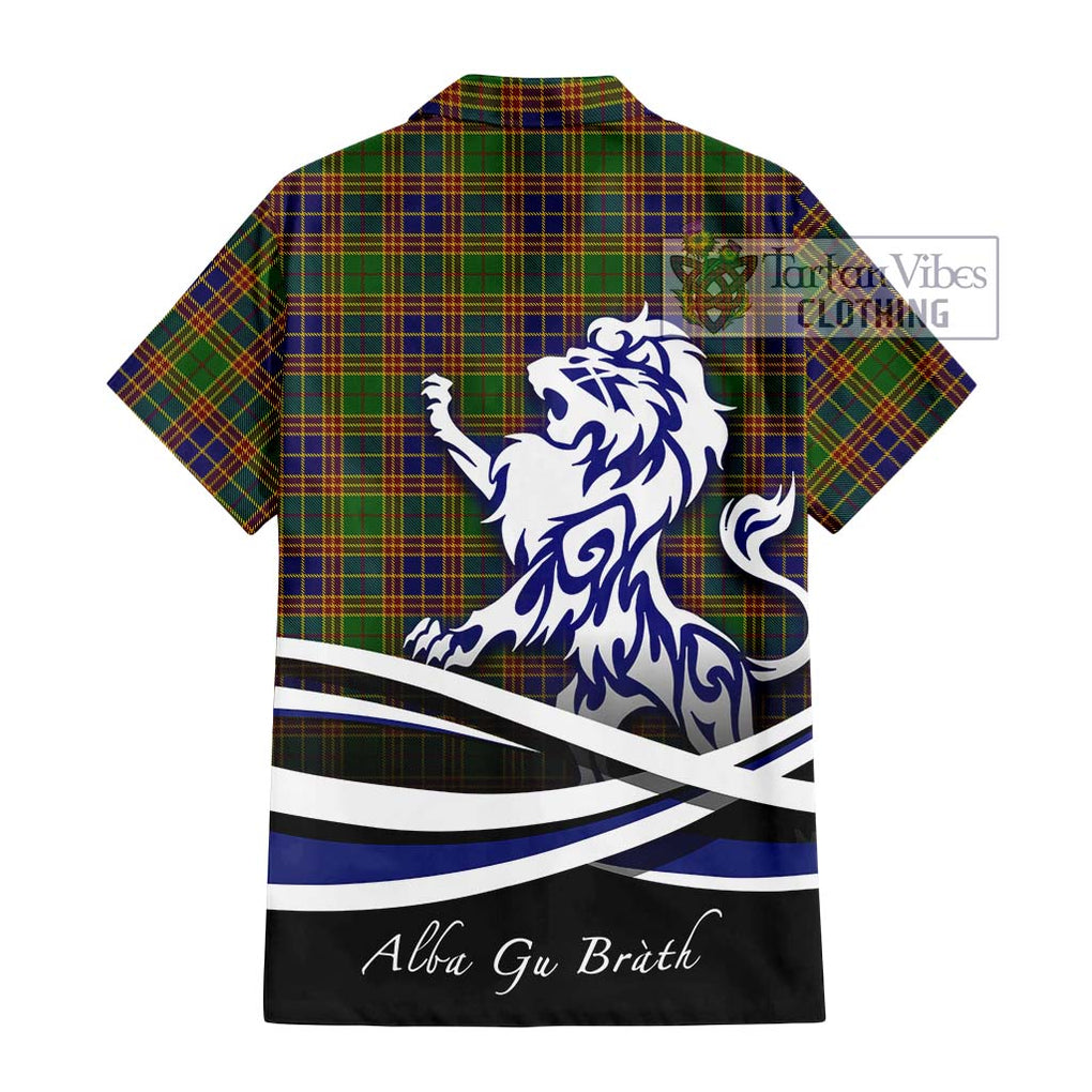 Stevenson Old Tartan Short Sleeve Button Shirt with Alba Gu Brath Regal Lion Emblem - Tartanvibesclothing Shop