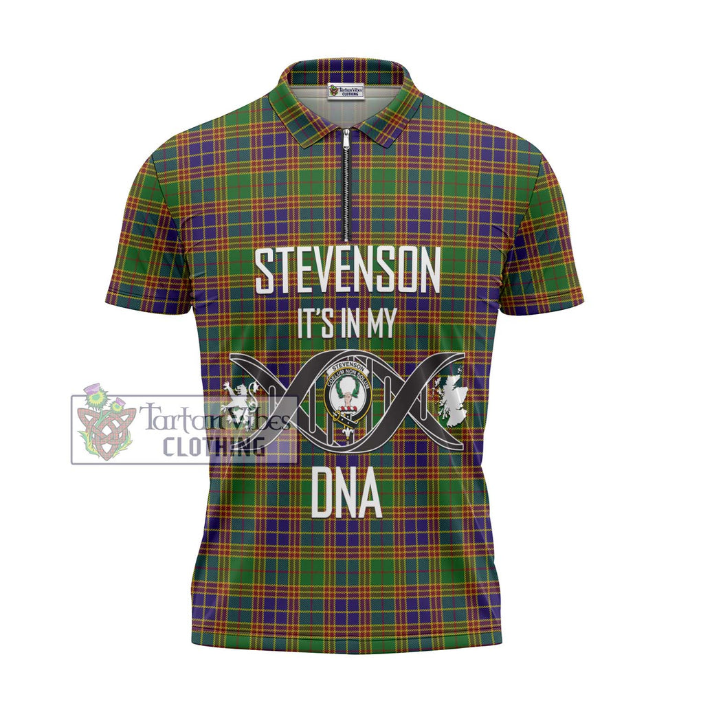 Stevenson Old Tartan Zipper Polo Shirt with Family Crest DNA In Me Style - Tartanvibesclothing Shop