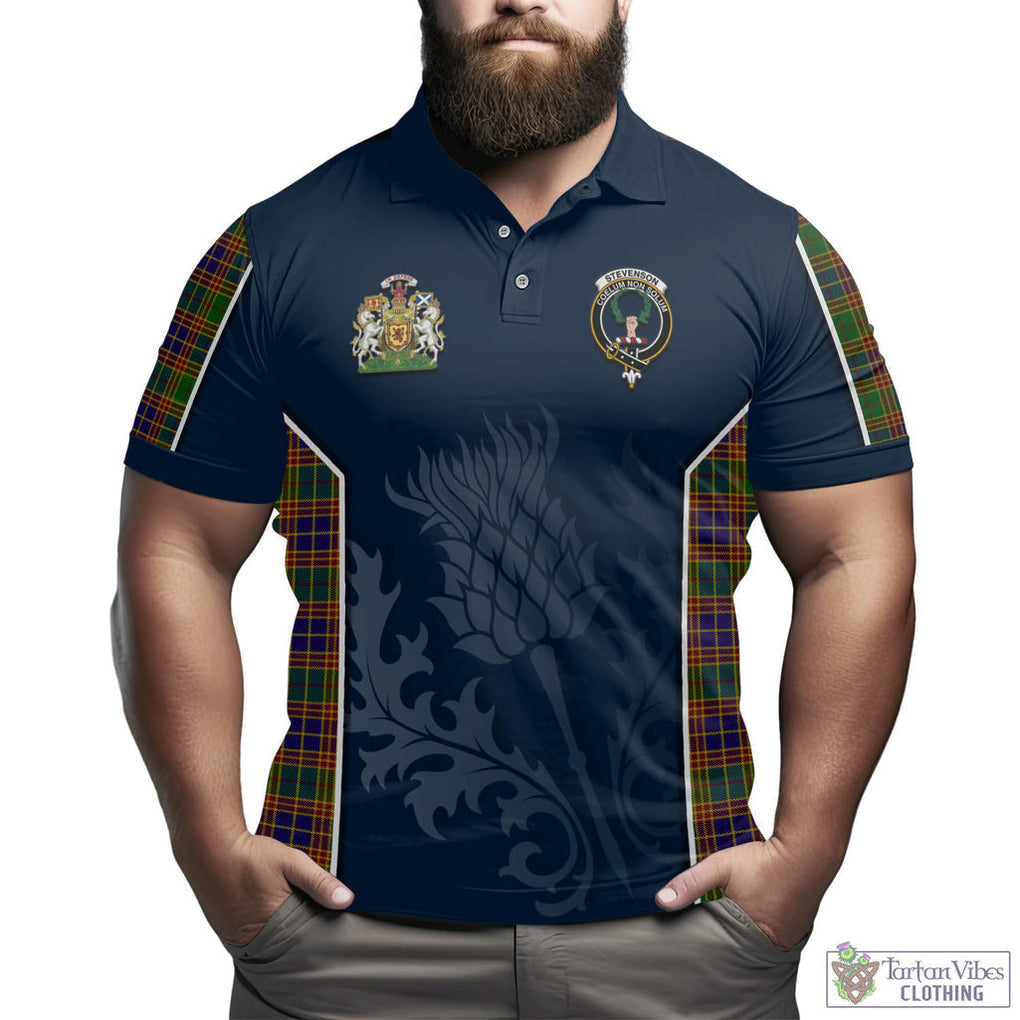 Stevenson Old Tartan Men's Polo Shirt with Family Crest and Scottish Thistle Vibes Sport Style - Tartan Vibes Clothing