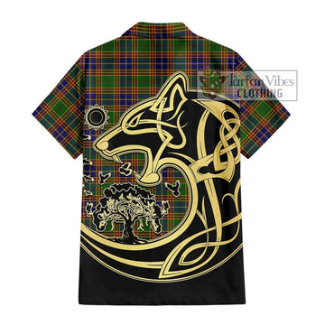 Stevenson Old Tartan Short Sleeve Button Shirt with Family Crest Celtic Wolf Style - Tartan Vibes Clothing