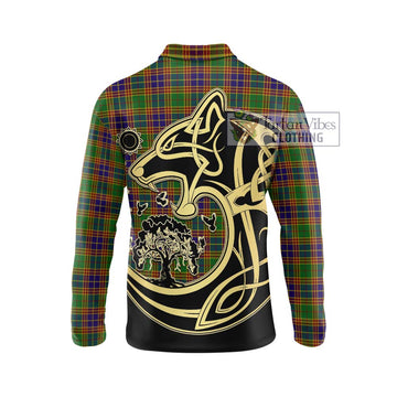Stevenson Old Tartan Long Sleeve Polo Shirt with Family Crest Celtic Wolf Style - Tartanvibesclothing Shop