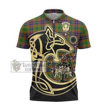 Stevenson Old Tartan Zipper Polo Shirt with Family Crest Celtic Wolf Style - Tartanvibesclothing Shop