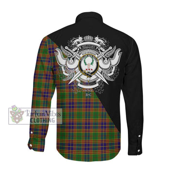 Stevenson Old Tartan Long Sleeve Button Shirt with Family Crest and Military Logo Style Men's Shirt - Tartanvibesclothing Shop