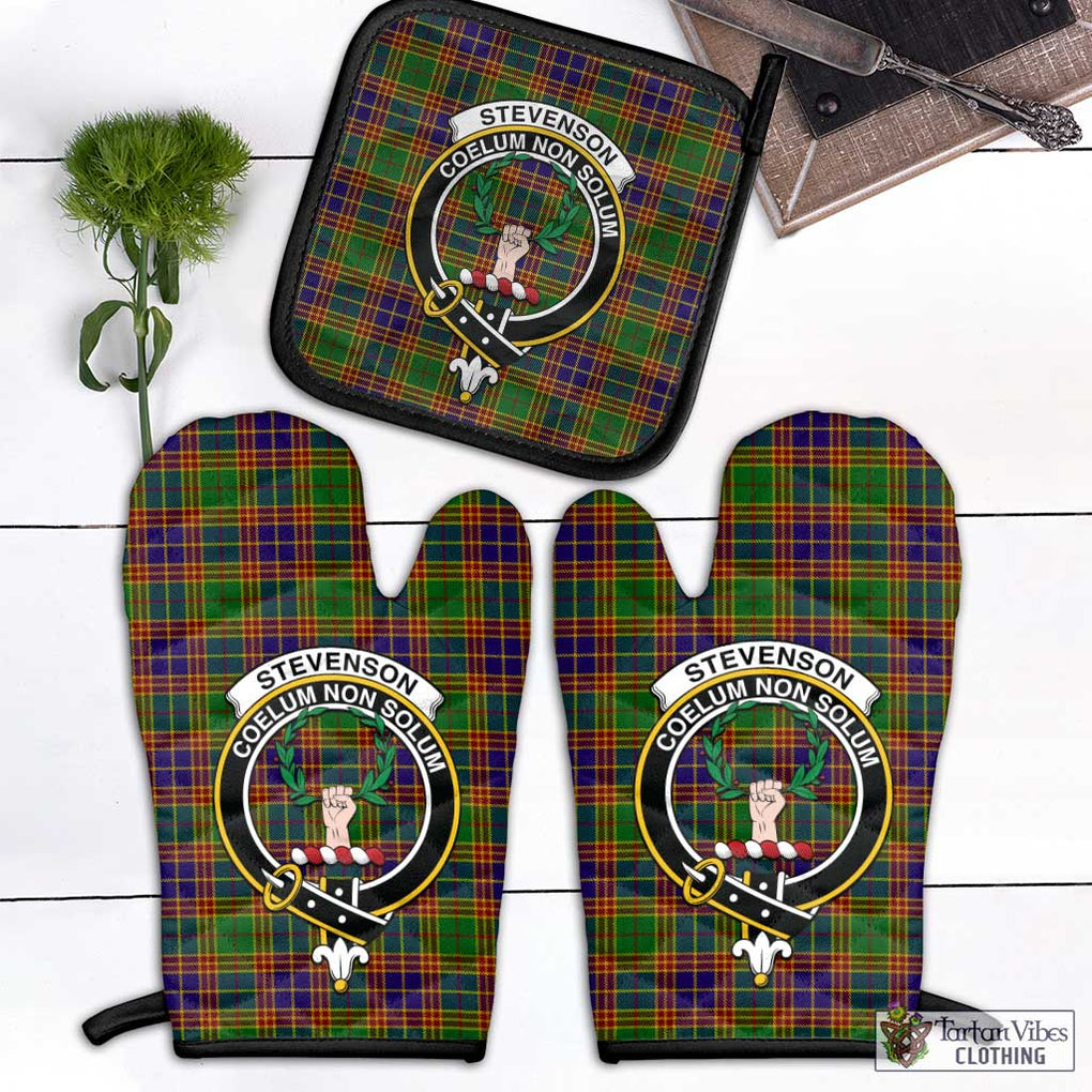 Stevenson Old Tartan Combo Oven Mitt & Pot-Holder with Family Crest Combo 1 Oven Mitt & 1 Pot-Holder Black - Tartan Vibes Clothing