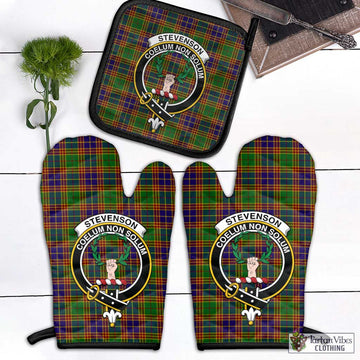 Stevenson Old Tartan Combo Oven Mitt & Pot-Holder with Family Crest Combo 1 Oven Mitt & 1 Pot-Holder Black - Tartan Vibes Clothing