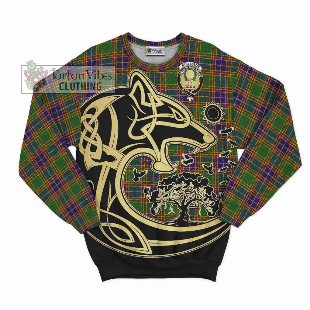 Stevenson Old Tartan Sweatshirt with Family Crest Celtic Wolf Style - Tartan Vibes Clothing