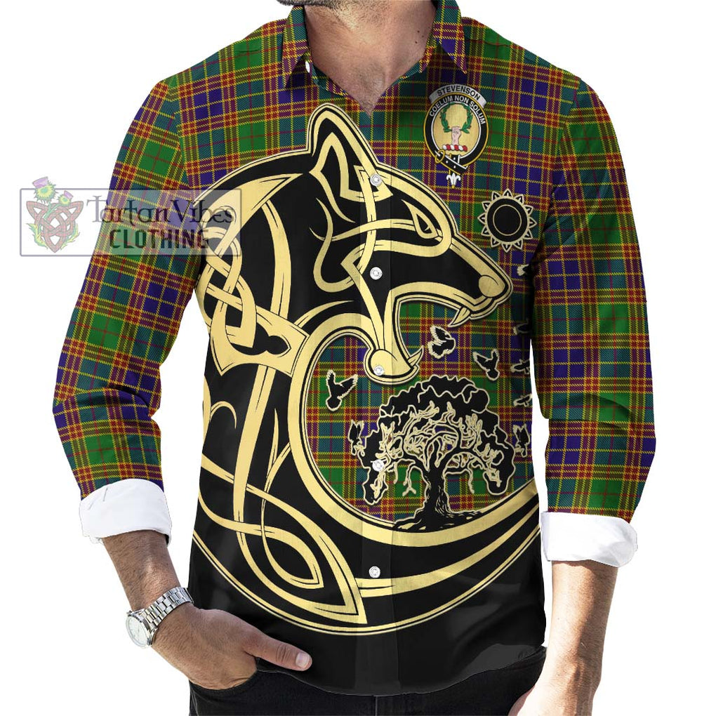 Stevenson Old Tartan Long Sleeve Button Shirt with Family Crest Celtic Wolf Style - Tartan Vibes Clothing