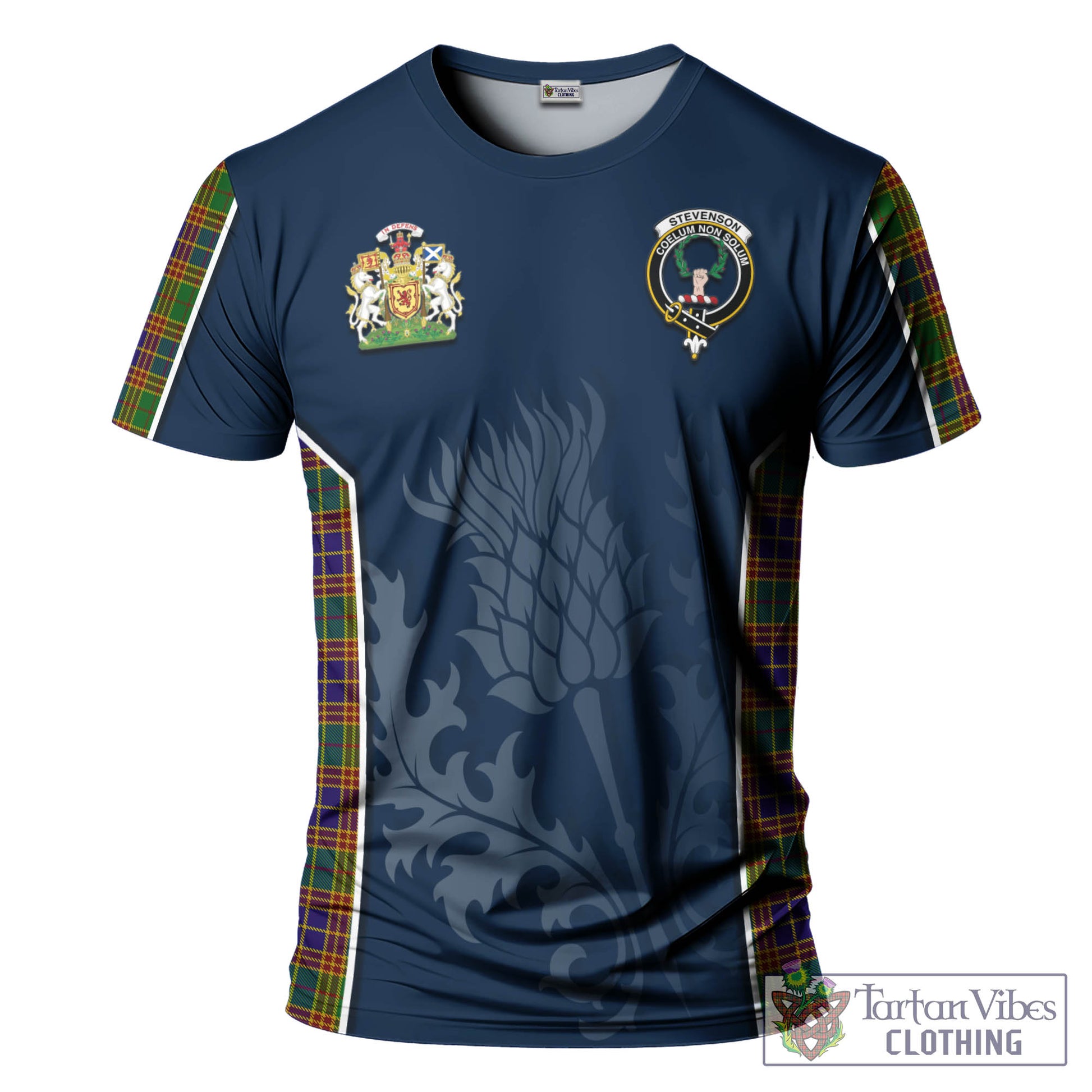 Tartan Vibes Clothing Stevenson Old Tartan T-Shirt with Family Crest and Scottish Thistle Vibes Sport Style