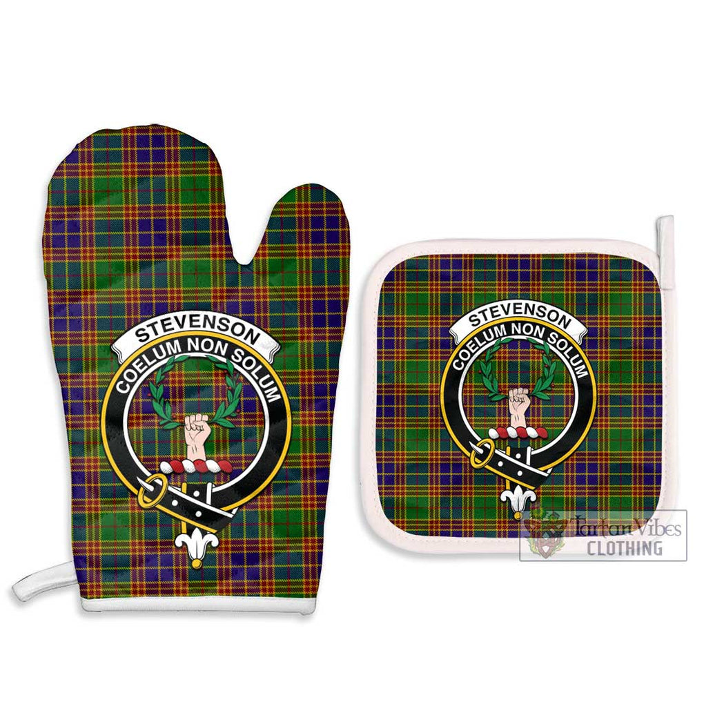 Stevenson Old Tartan Combo Oven Mitt & Pot-Holder with Family Crest Combo 1 Oven Mitt & 2 Pot-Holder White - Tartan Vibes Clothing
