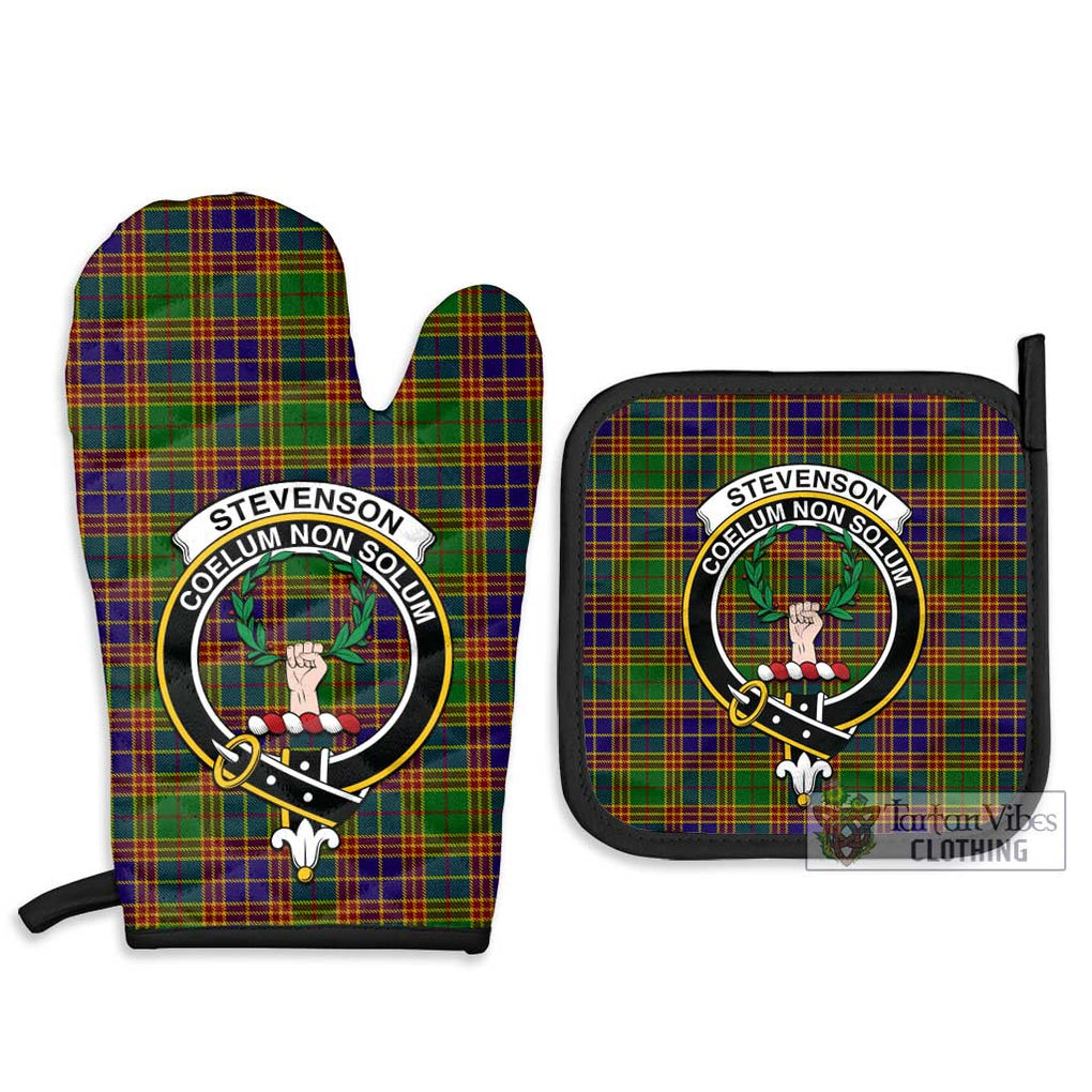 Stevenson Old Tartan Combo Oven Mitt & Pot-Holder with Family Crest Combo 1 Oven Mitt & 2 Pot-Holder Black - Tartan Vibes Clothing