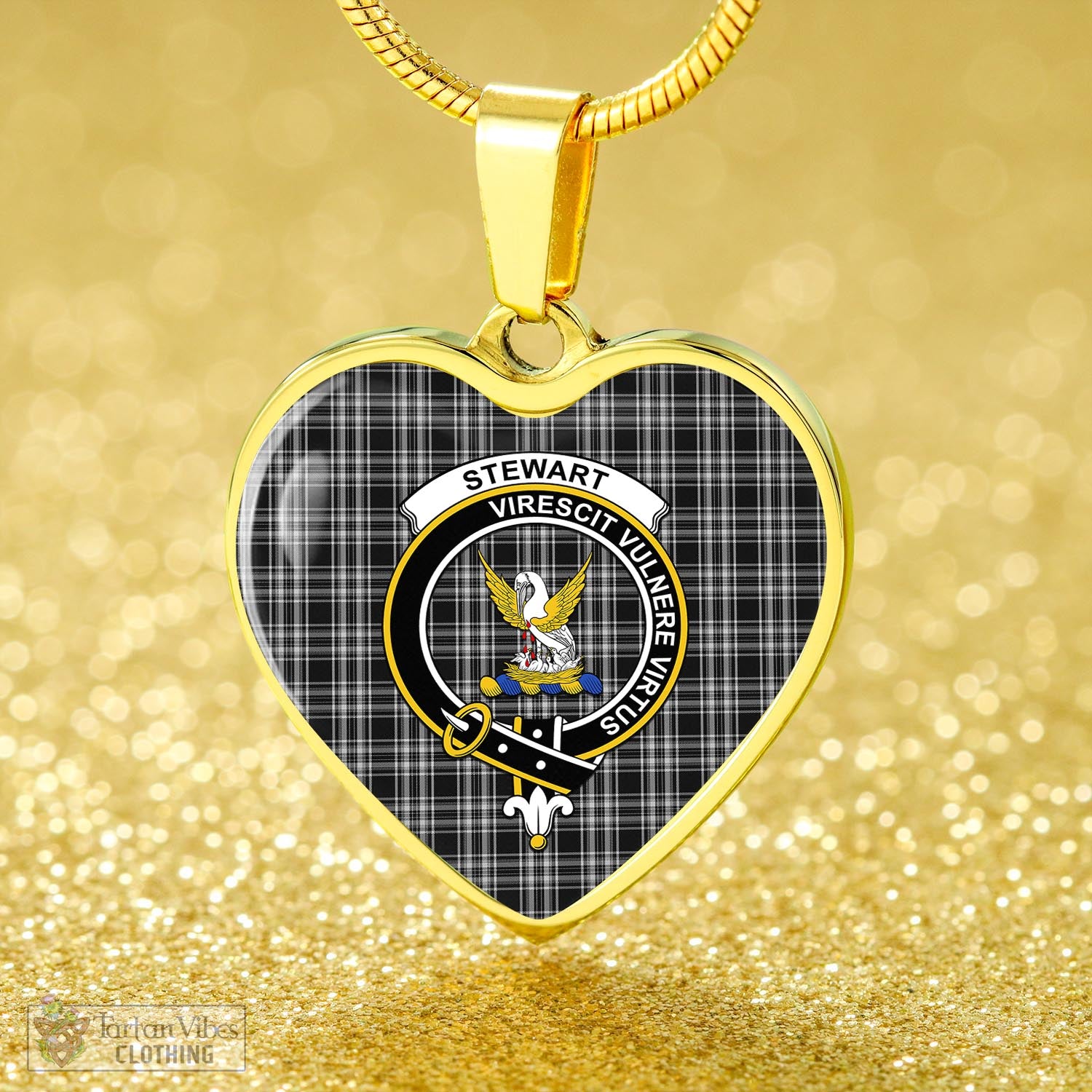 Tartan Vibes Clothing Stewart Black and White Tartan Heart Necklace with Family Crest
