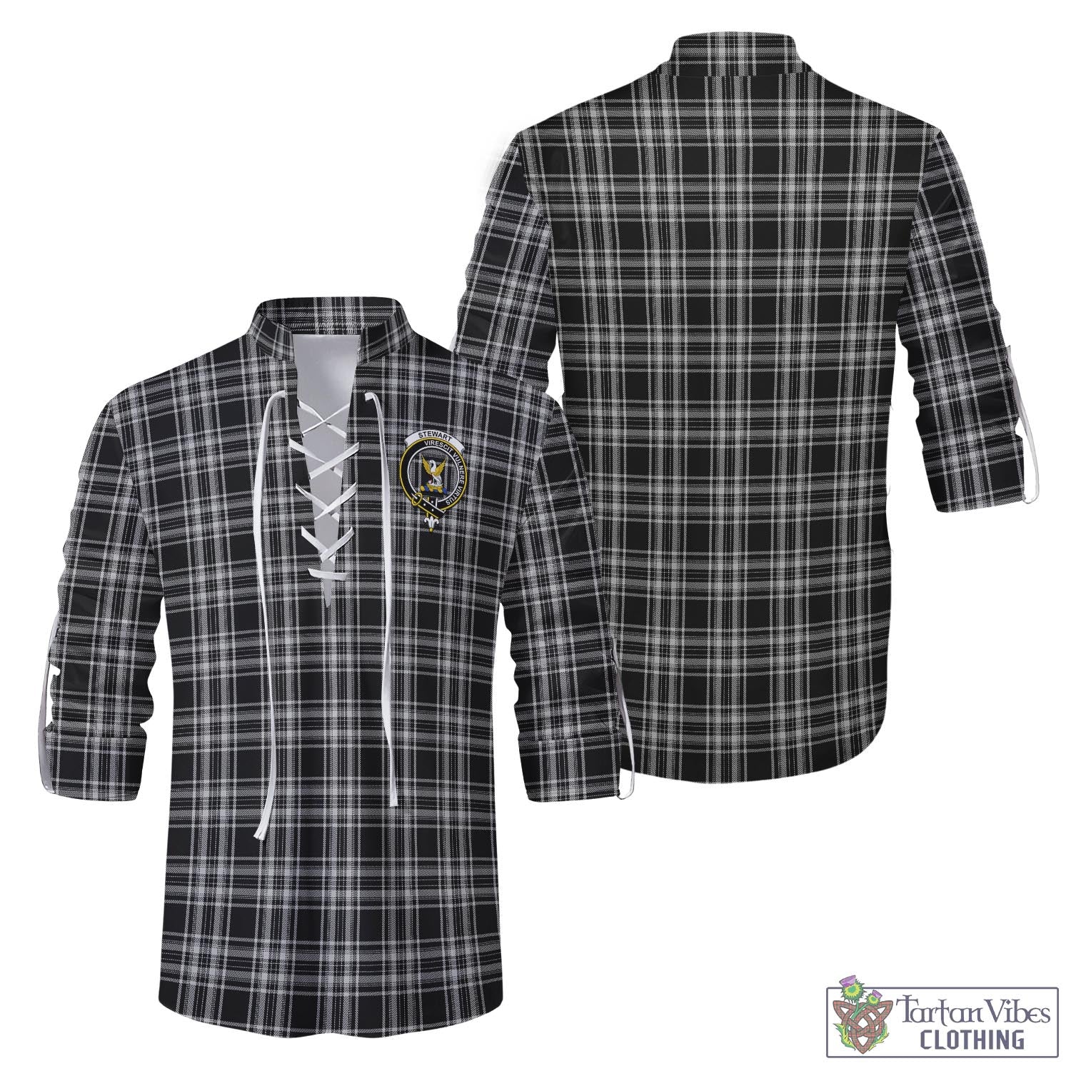 Tartan Vibes Clothing Stewart Black and White Tartan Men's Scottish Traditional Jacobite Ghillie Kilt Shirt with Family Crest
