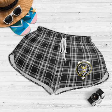 Stewart Black and White Tartan Womens Shorts with Family Crest