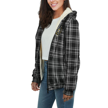 Stewart Black and White Tartan Sherpa Hoodie with Family Crest